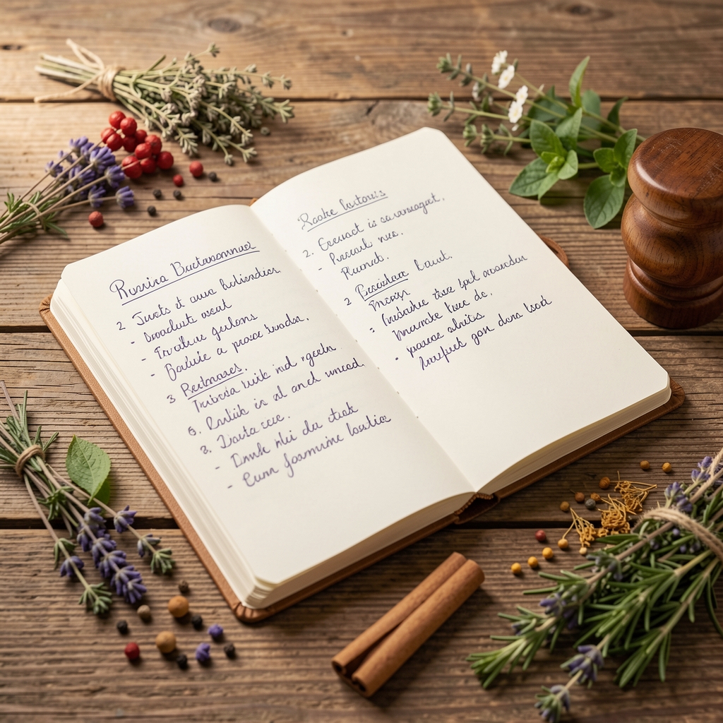 Notizbuch mit handgeschriebenen Rezeptnotizen auf Holztisch, Kräuter und Gewürze daneben, ruhige redaktionelle Stimmung
